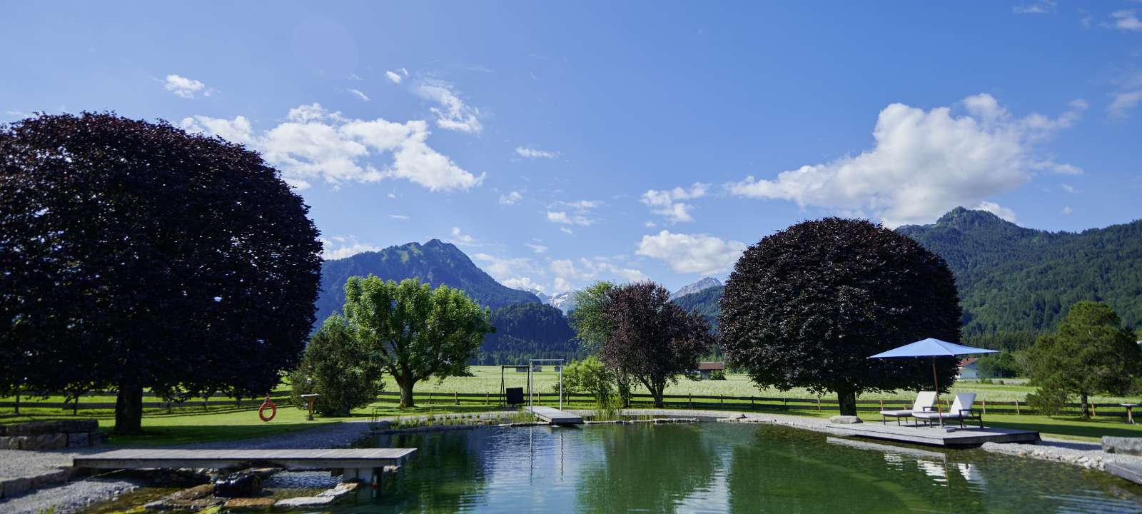 Ausblick auf die Allgäuer Alpen und grünen Wiesen vom Hotel in Oberstdorf im Allgäu