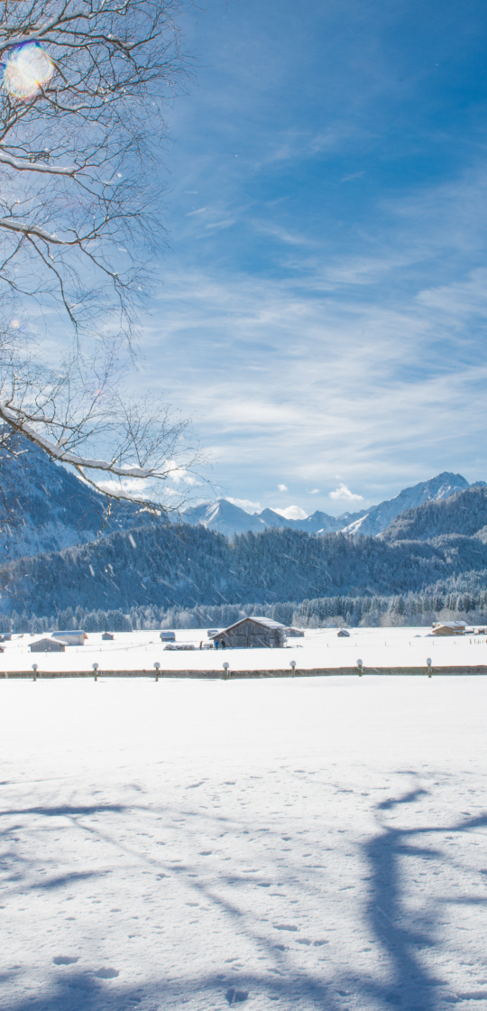 Herrliches Bergpanorama und Blick aus dem Garten im Winter